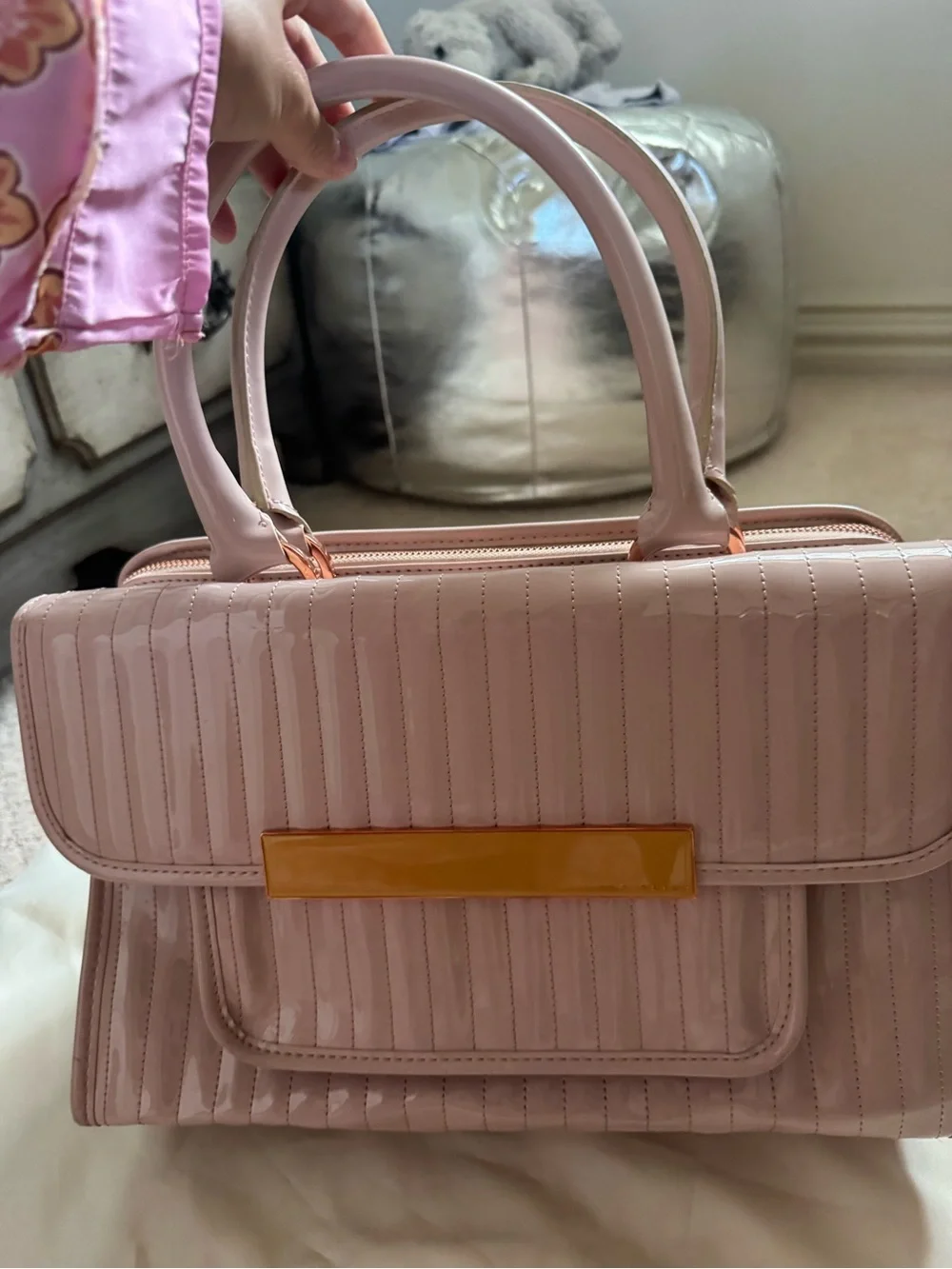 Ted Baker London Blush Patent Top-Handle Satchel with Gold Accent